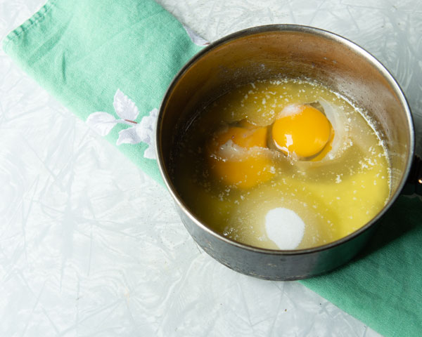 eggs, melted butter, sugar in a pan