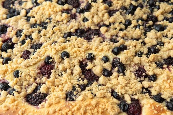 baked streusel and berries on a German crumb cake