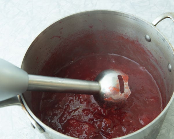 blending plums with an immersion blender
