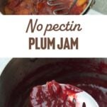 mashing plums with a potato masher, finished plum jam on spoon, text overlay