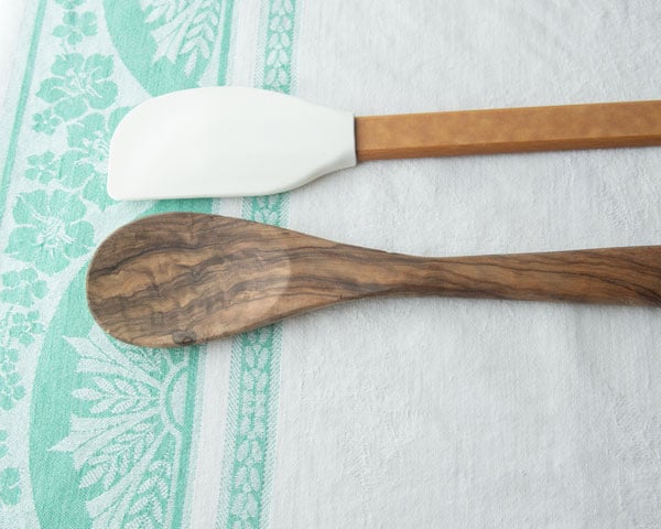 baking spatula and wood spoon