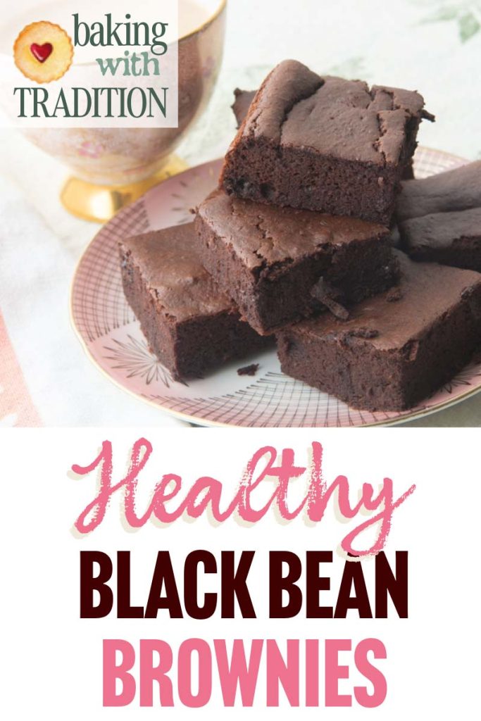 stack of black bean brownies on plate with teacup and text overlay