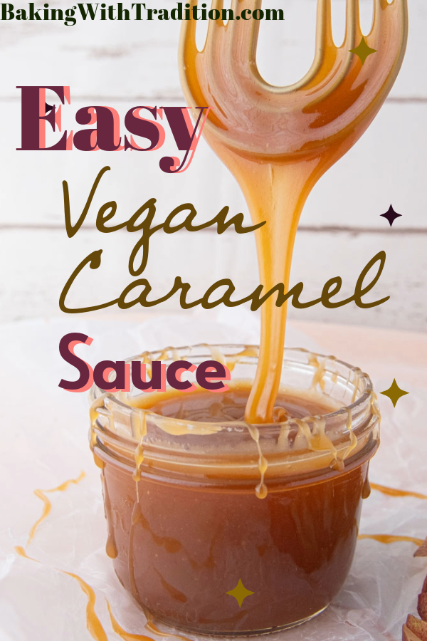 vegan caramel sauce dripping off whisk Pinterest image
