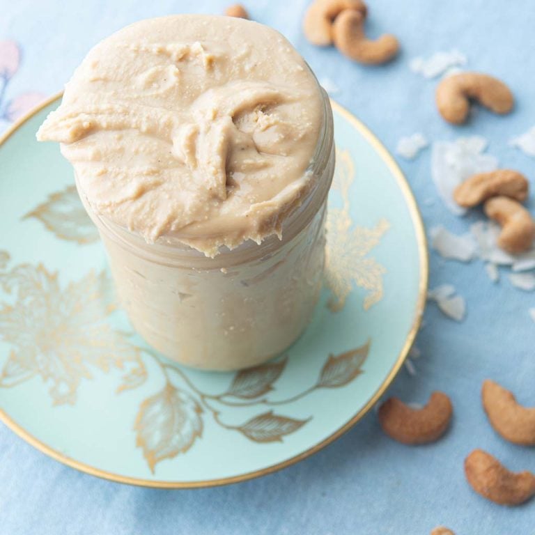 cashew butter in jar on plate