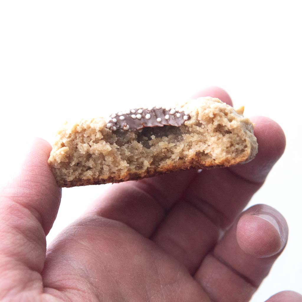 cross section of chocolate topped cashew butter cookie