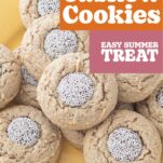 closeup of cashew cookies on plate, text overlay