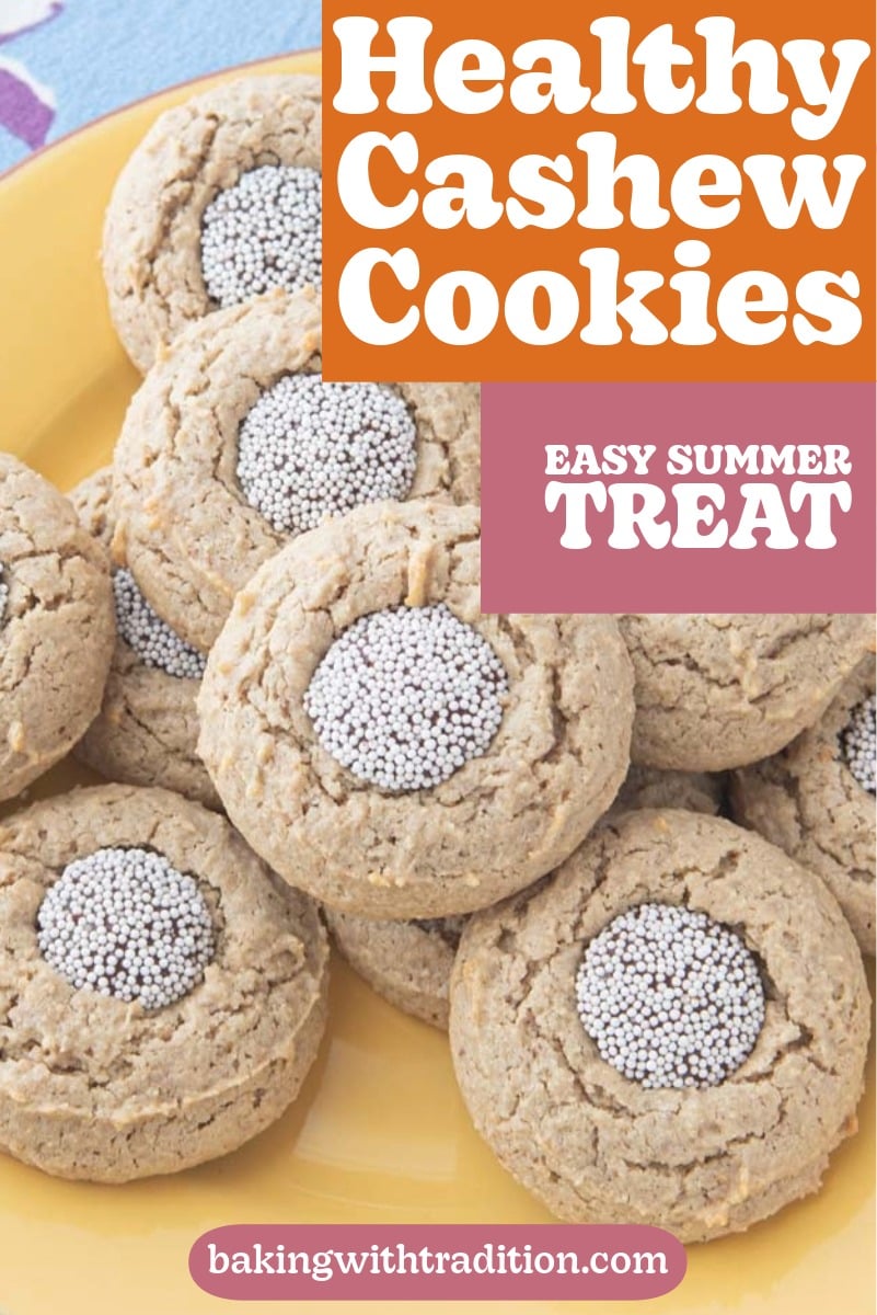 closeup of cashew cookies on plate, text overlay