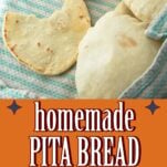 pita bread wrapped in towel, text overlay