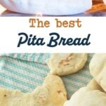 pita baking in oven, pita breads on towel, text overlay
