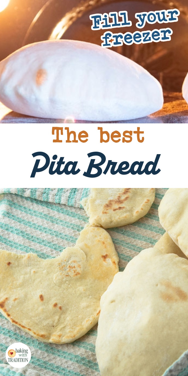 pita baking in oven, pita breads on towel, text overlay