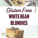 pan of white bean blondies before baking, stack of white bean blondies on plate, text overlay