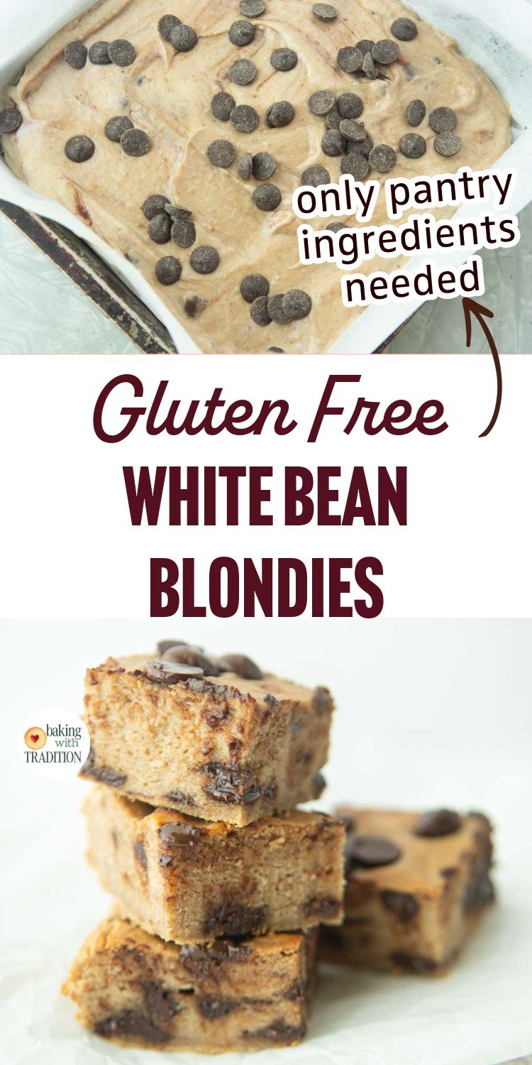 pan of white bean blondies before baking, stack of white bean blondies on plate, text overlay