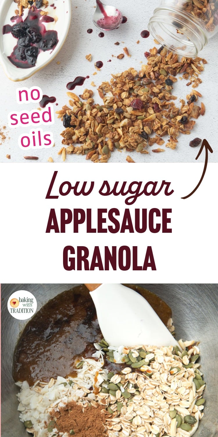 applesauce granola scattered next to a bowl of yogurt and berries, mixing applesauce granola, text overlay