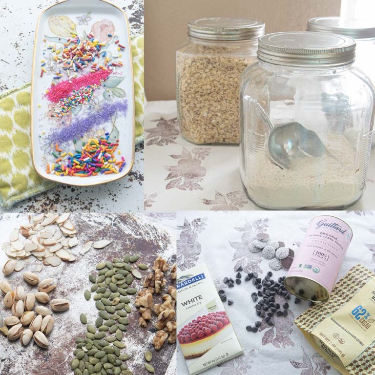 collage of baking pantry ingredients