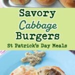 cabbage burgers on tray after baking, cross-section of cabbage burger on plate with mustard, text overlay