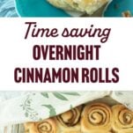 cinnamon roll with cream cheese icing stripes on plate, pan of baked cinnamon rolls, text overlay