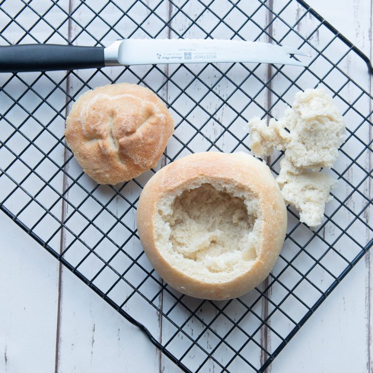 bread bowl hollowed out with knife