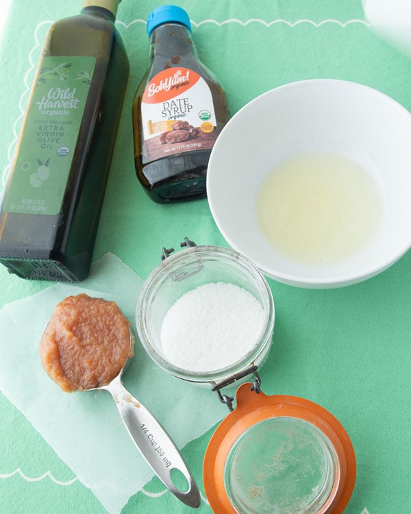 olive oil, date syrup, egg white, applesauce and salt