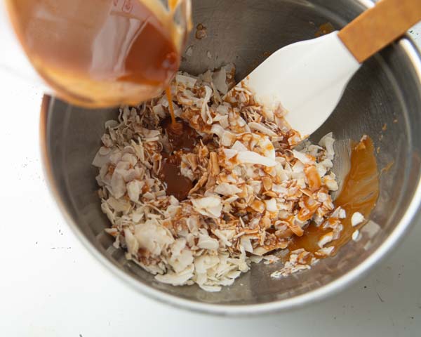 mixing coconut and caramel