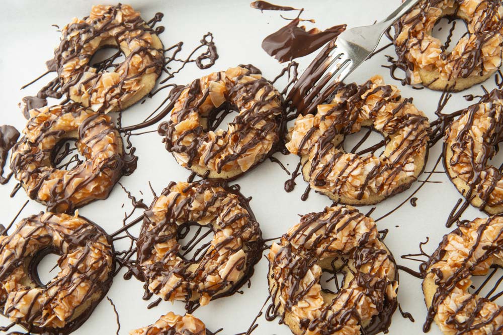 homemade samoa cookies on sheet pan