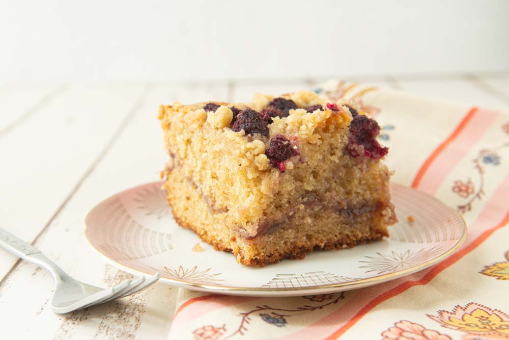 raspberry sour cream coffee cake on plate