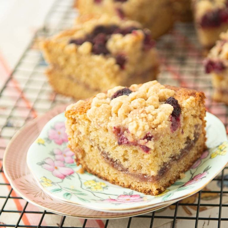 raspberry sour cream coffee cake on plate