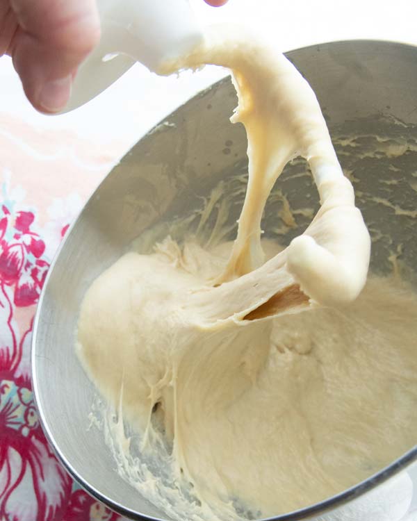 stretchy yeast dough on dough hook