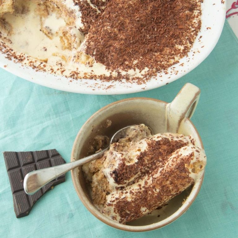 tiramisu in dish with chocolate