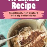 portion of tiramisu in cup with spoon, text overlay
