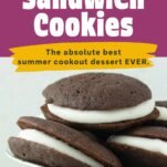 chocolate sandwich cookies on plate, text overlay
