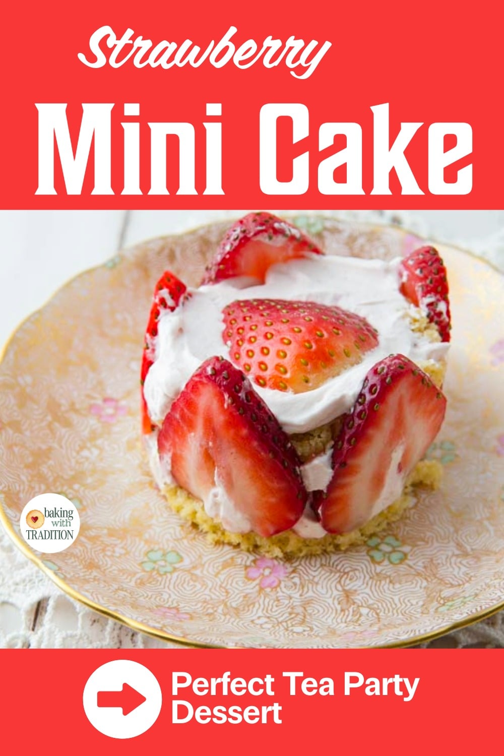 strawberry mini cake on teacup plate, text overlay