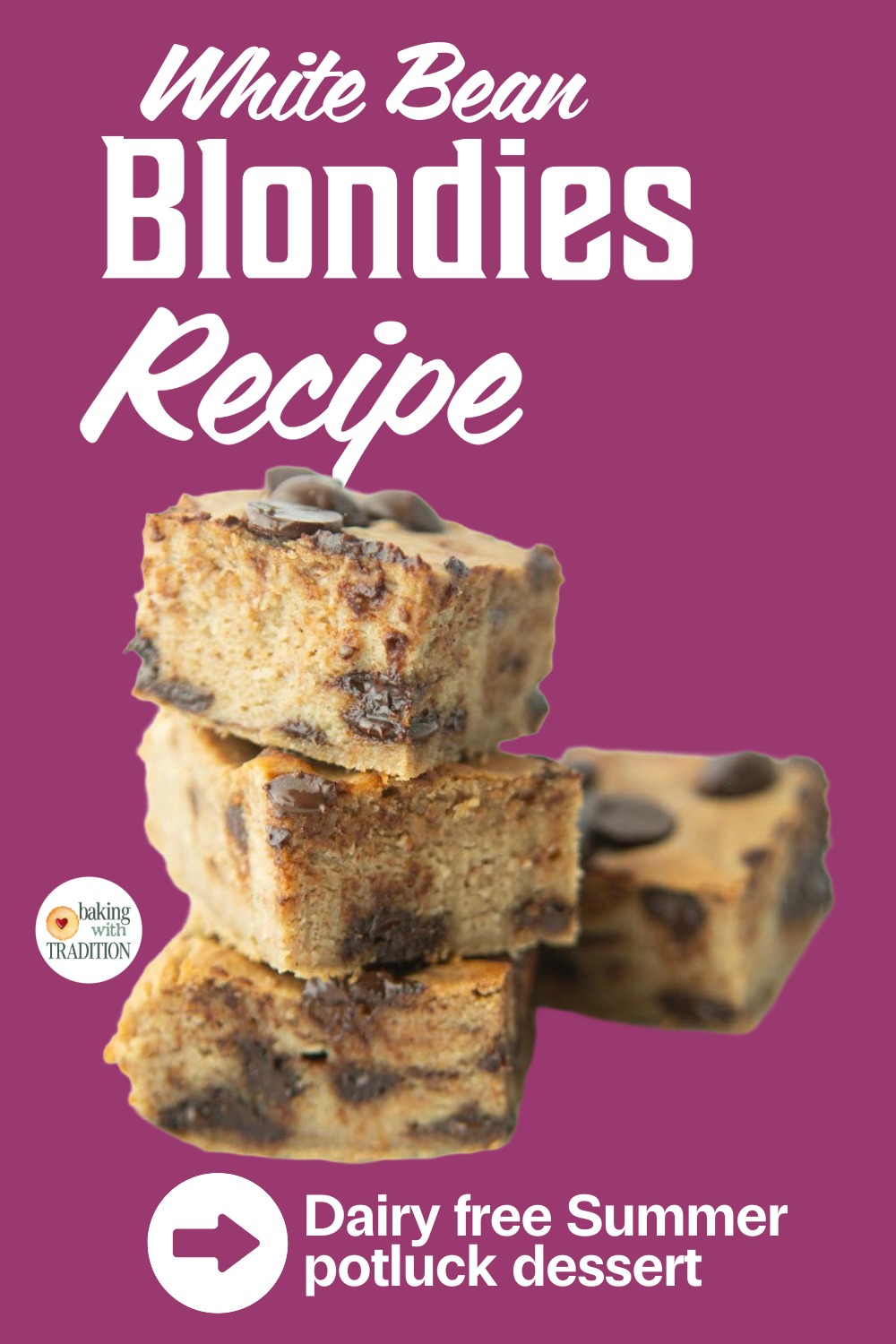 stack of white bean blondies, text overlay