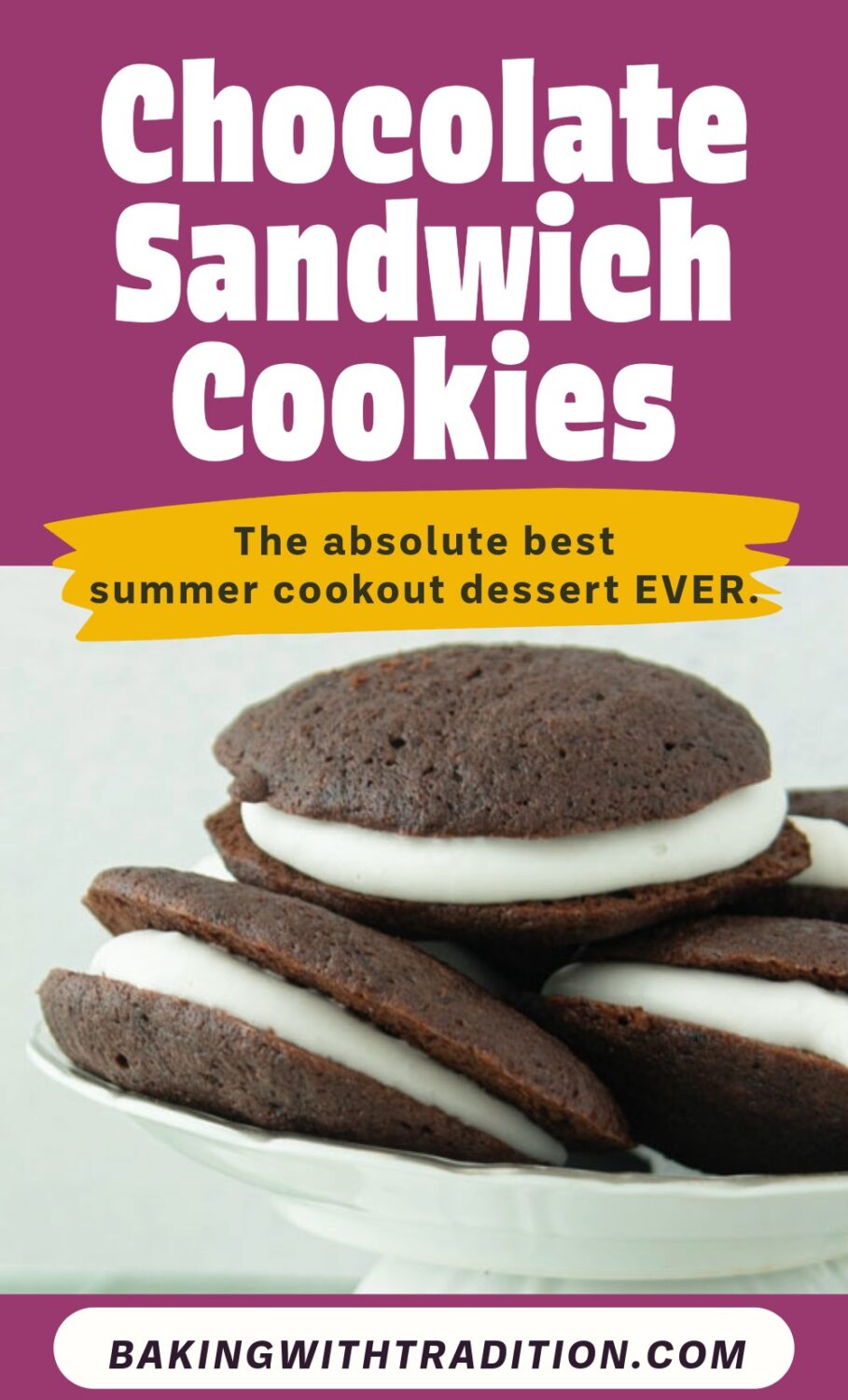 chocolate sandwich cookies on plate, text overlay