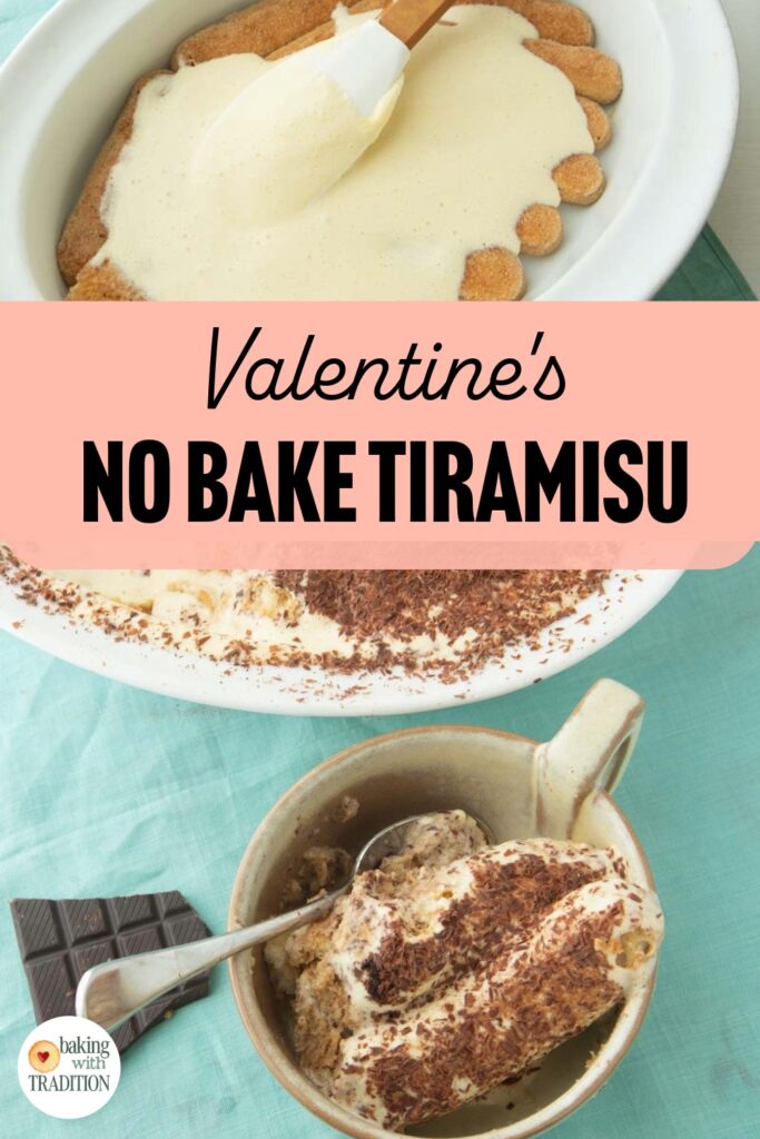 spreading tiramisu cream over ladyfingers, slice of tiramisu in cup next to chocolate bar, text overlay