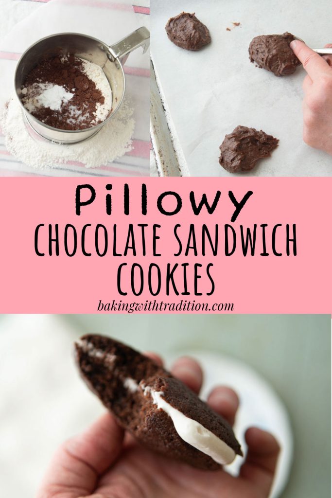 sifting cocoa, scooping cookies, finished filled chocolate sandwich cookie