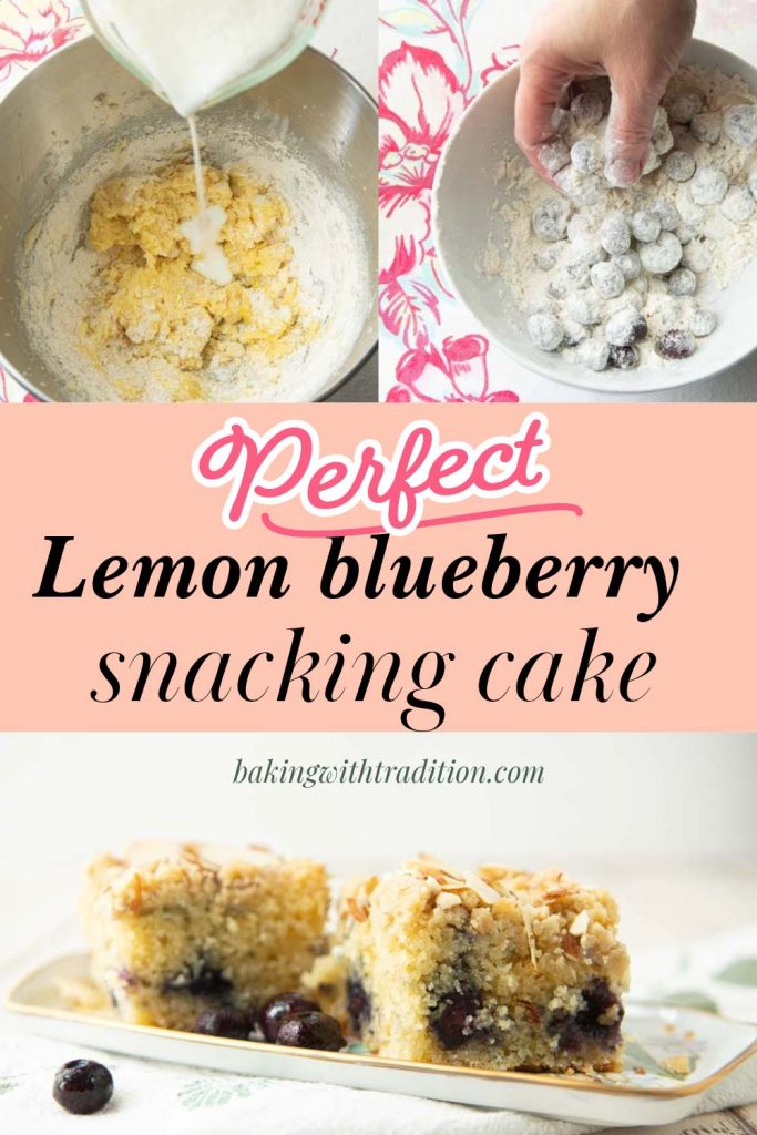 adding buttermilk to cake batter, tossing blueberries in flour, lemon blueberry snacking cake pieces on plate