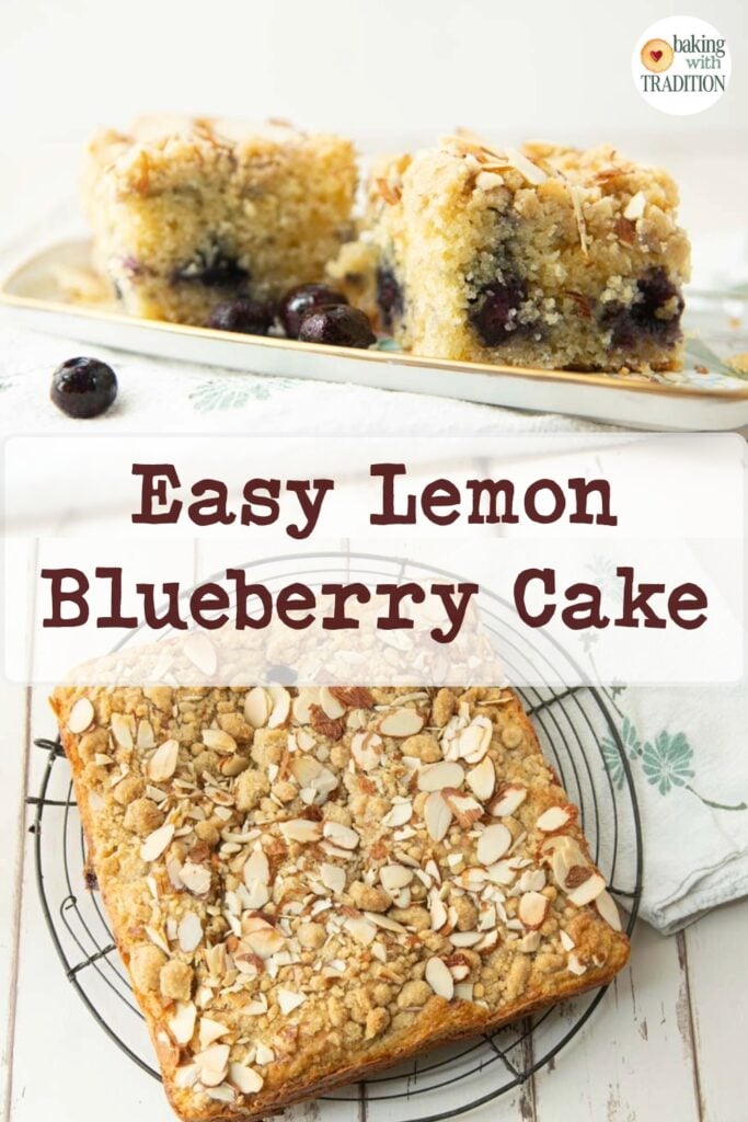 closeup of lemon blueberry cake, whole lemon blueberry cake on wire rack, text overlay