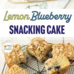 pieces of lemon blueberry cake topped with almonds, pieces of lemon blueberry cake topped with streusel on wire rack, text overlay