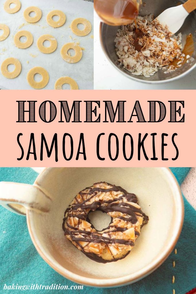 cookie rings, mixing caramel and coconut, finished homemade samoa cookie