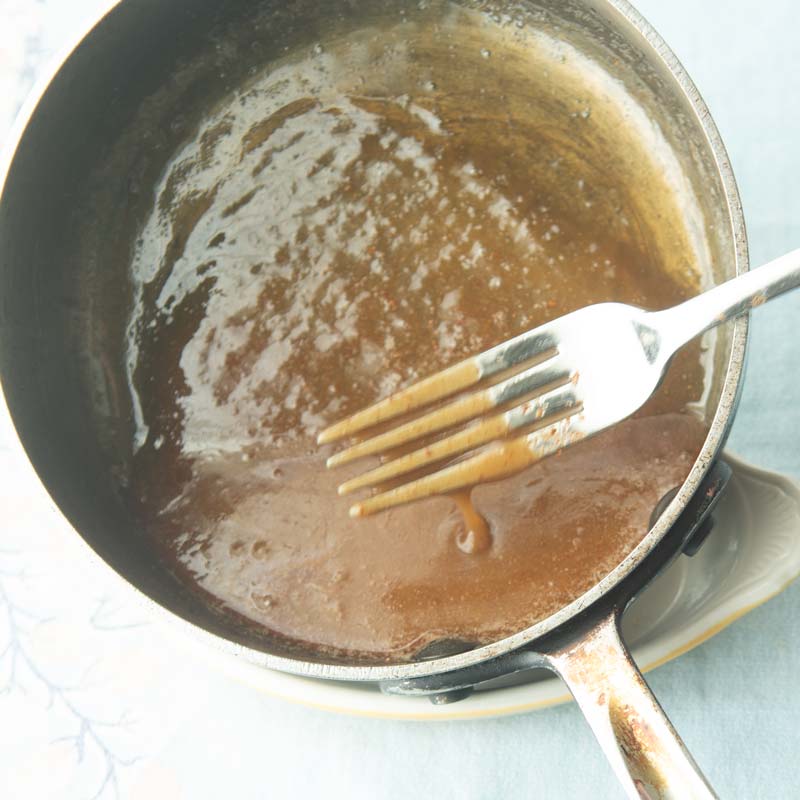 brown sugar caramel dripping off fork