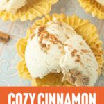 scoops of cinnamon ice cream in waffle cone cups, cinnamon sticks, text overlay