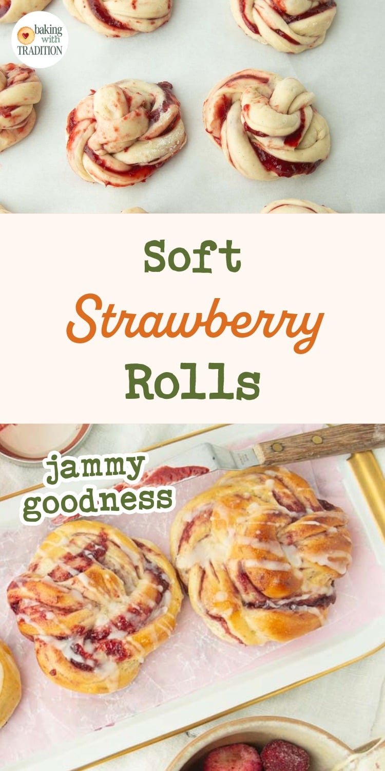 closeup of baked strawberry rolls covered with glaze, strawberry rolls before baking, text overlay