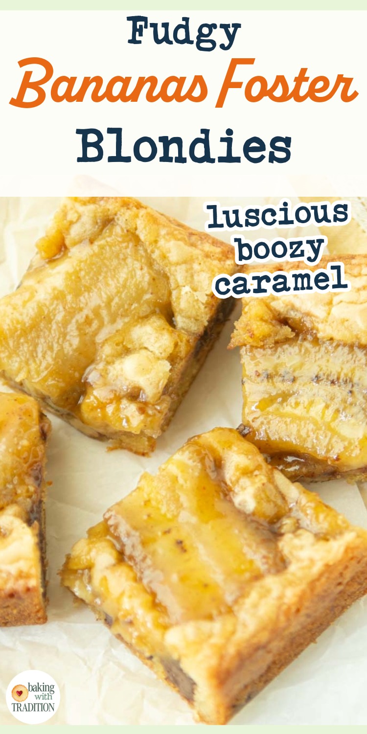 closeup of bananas foster blondies, text overlay