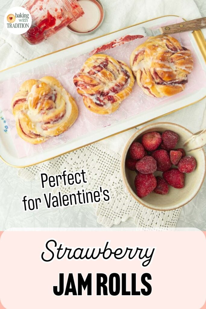 strawberry jam rolls on plate surrounded by empty jar of jam, and berries, text overlay