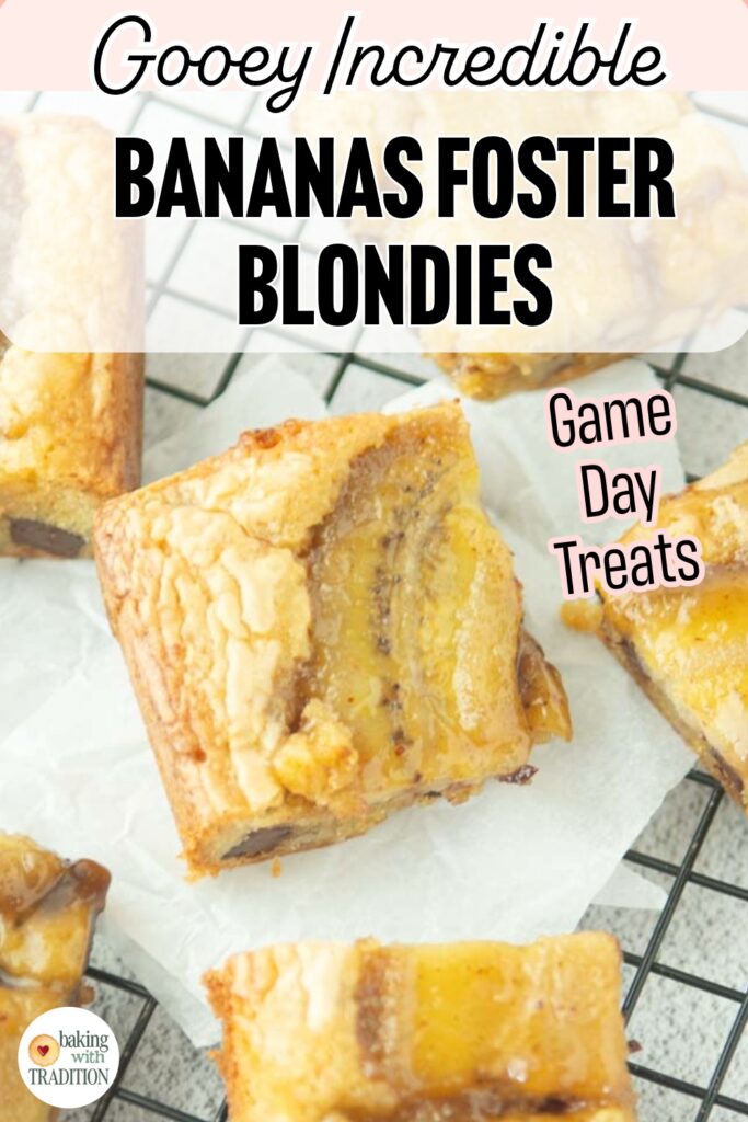 closeup of bananas foster blondies on rack, text overlay