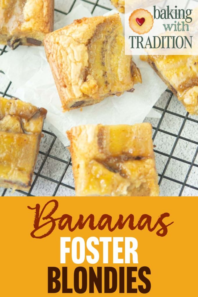 closeup of bananas foster blondies