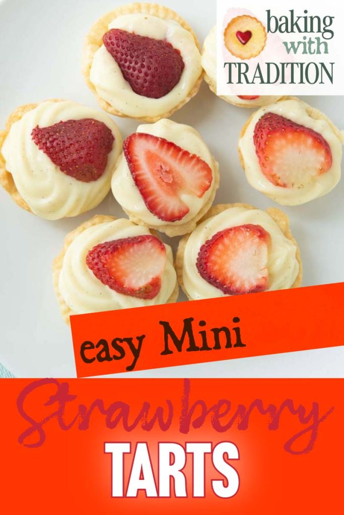 mini custard tarts with strawberries on plate with text overlay