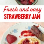 bowl of berries and sugar, fresh strawberries and strawberry jam on muffin on plate, text overlay