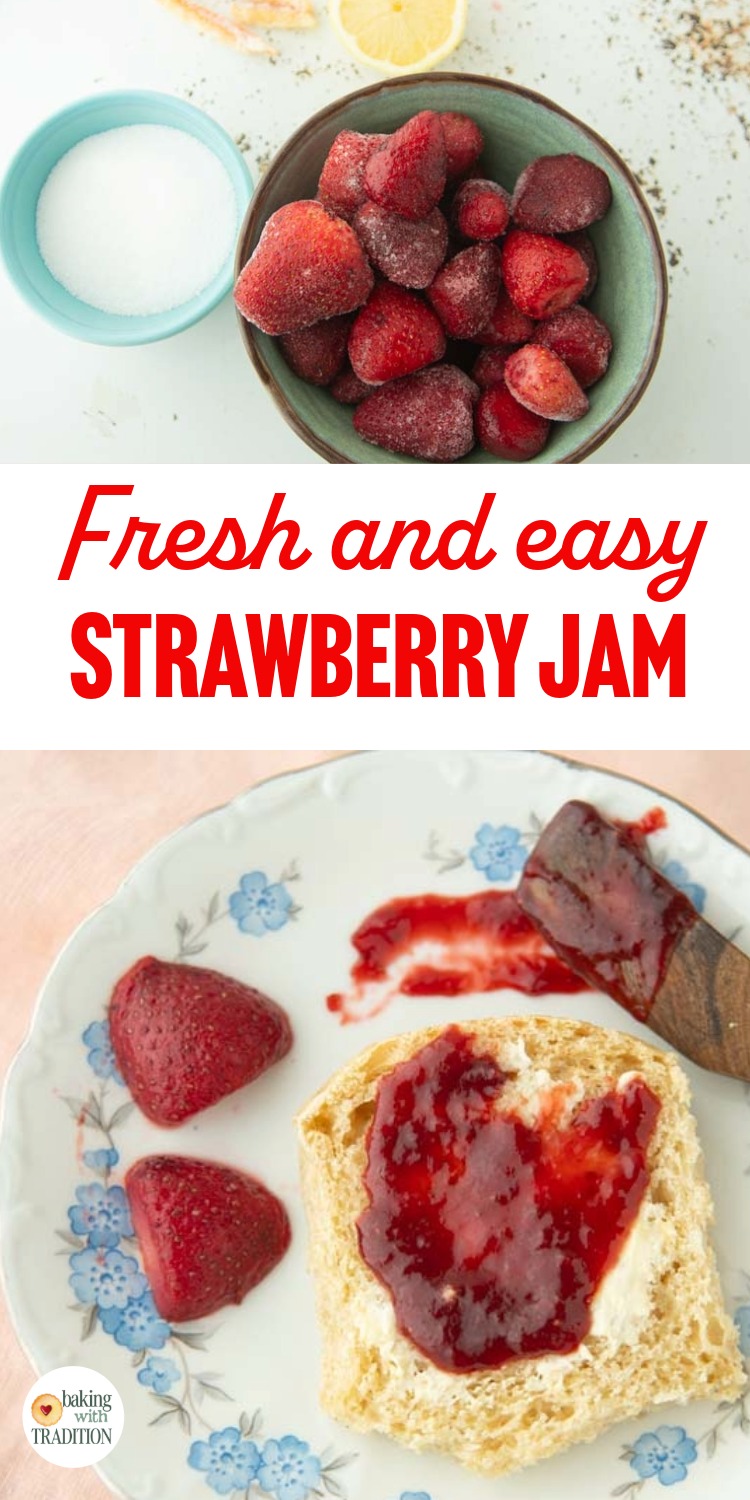 bowl of berries and sugar, fresh strawberries and strawberry jam on muffin on plate, text overlay