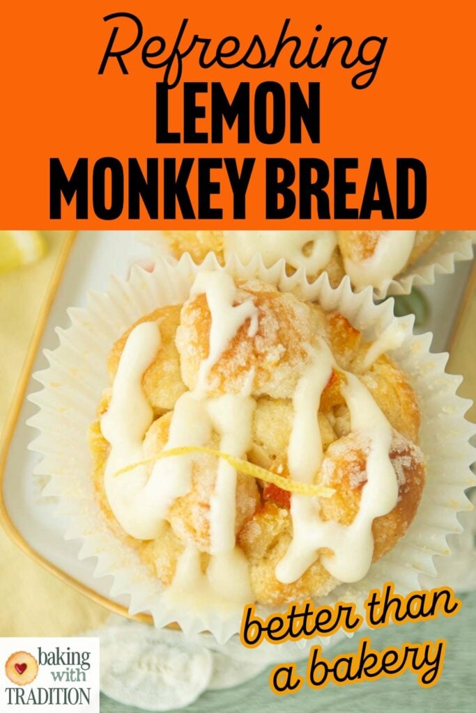 closeup of lemon monkey bread, text overlay